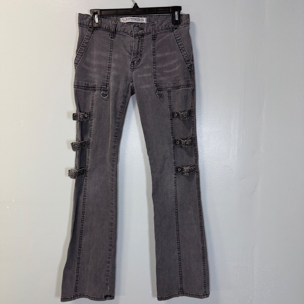 Express Precision Fit Grey Punk Bondage Buckle Cargo Flare Jeans Y2K Size 6